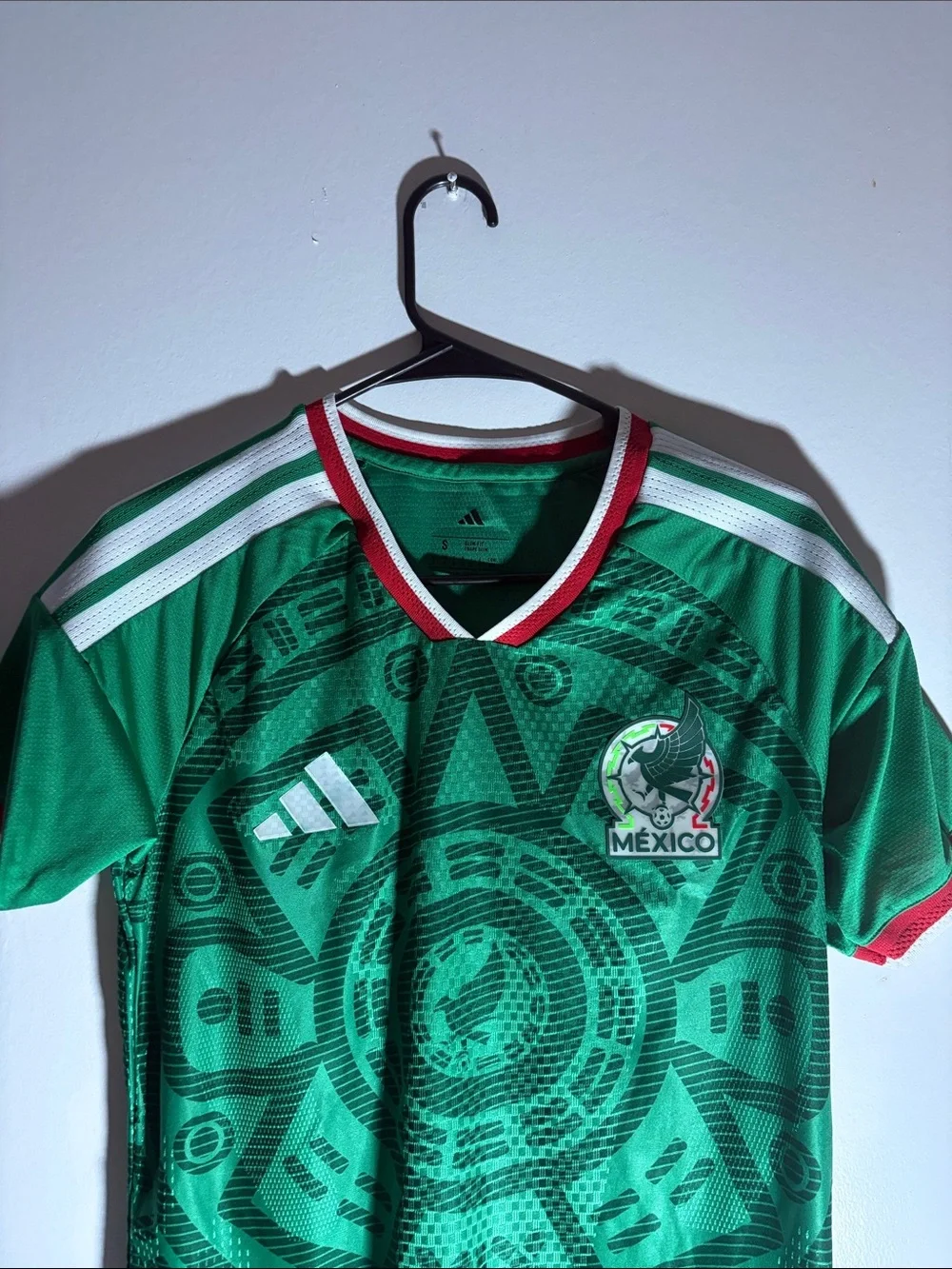 adidas Green Mexico Soccer Jersey with White Stripes and Red Trim